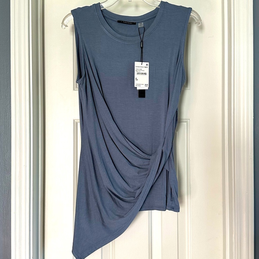 Tahari Asymmetrical Ruched Tank Slate Blue Size M NWT.